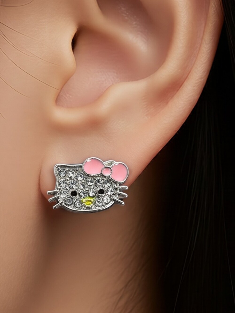 Hello Kitty Rhinestone Stud Earrings Sanrio Pink Bow Silver Kawaii Y2K Jewelry